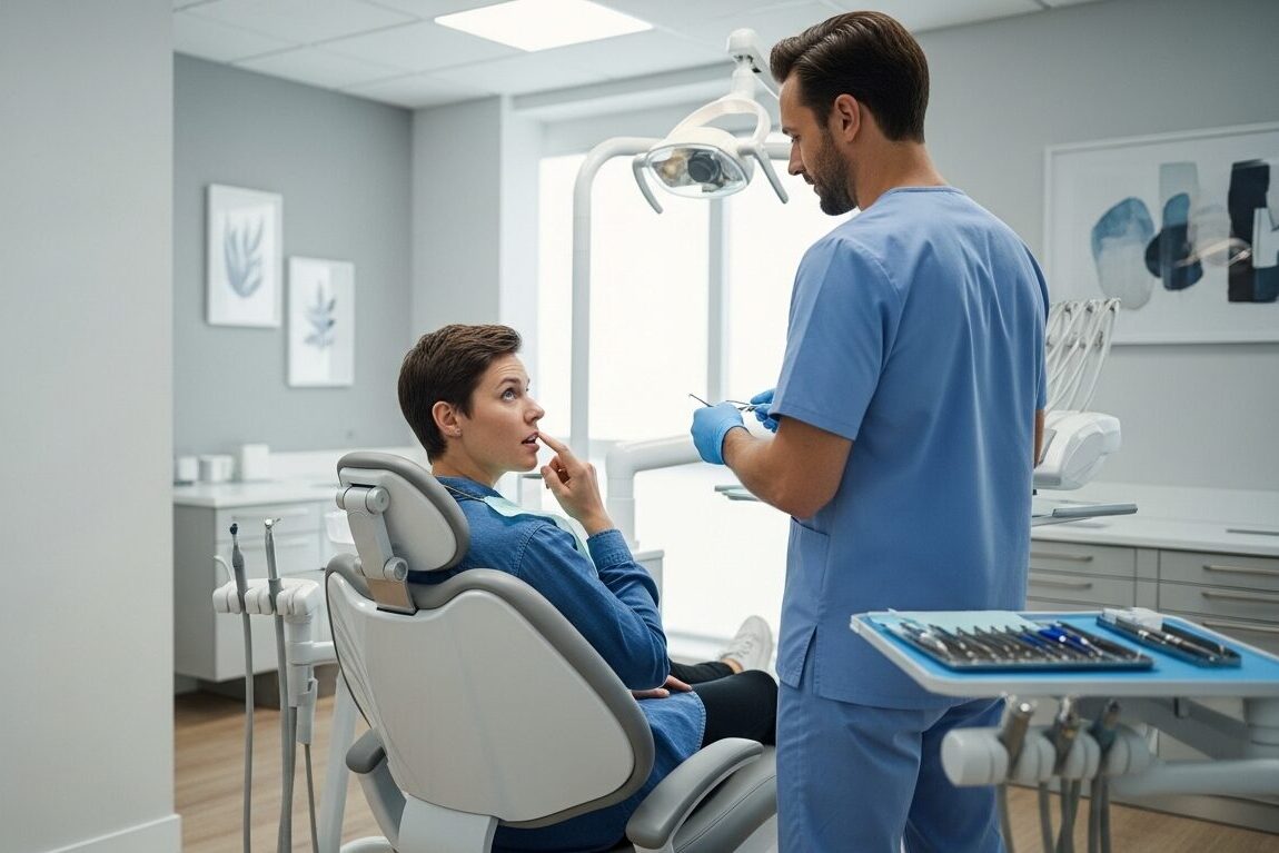Dentist explaining diagnosis and repair plan for a chipped tooth during appointment