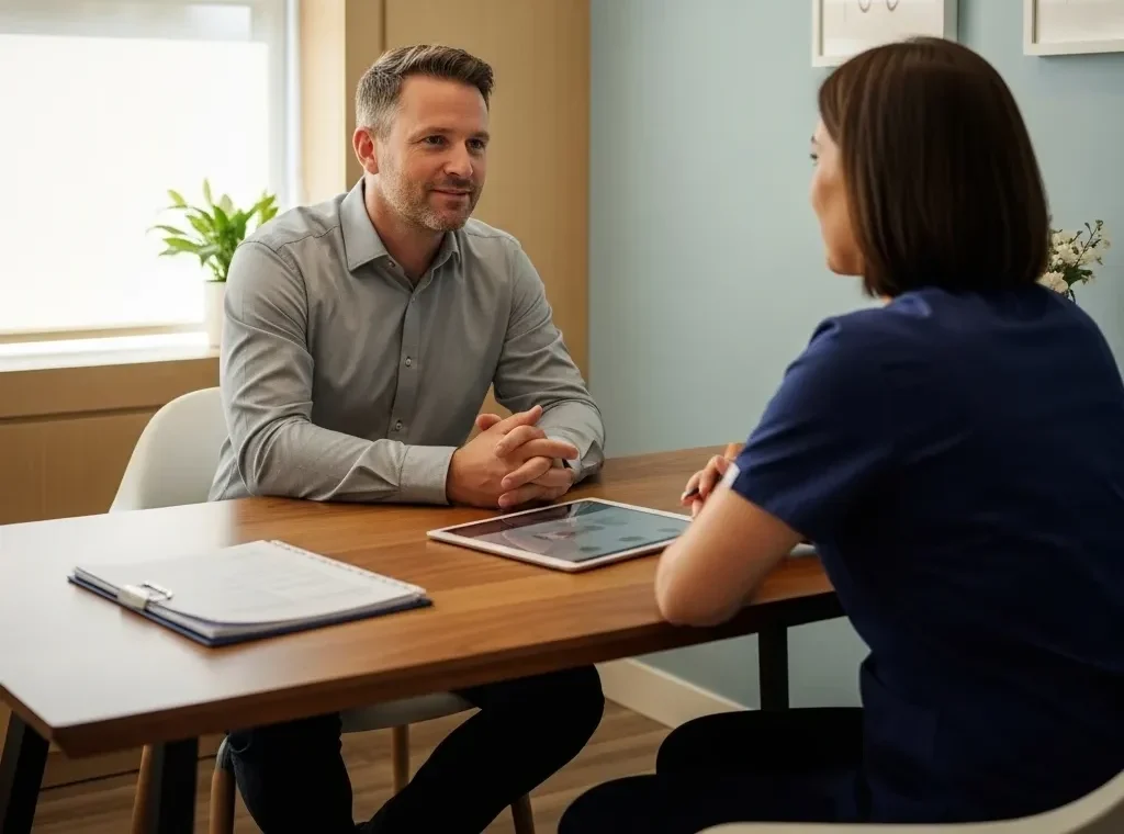 Patient discussing concerns about dental treatment costs in a calm and supportive clinic setting