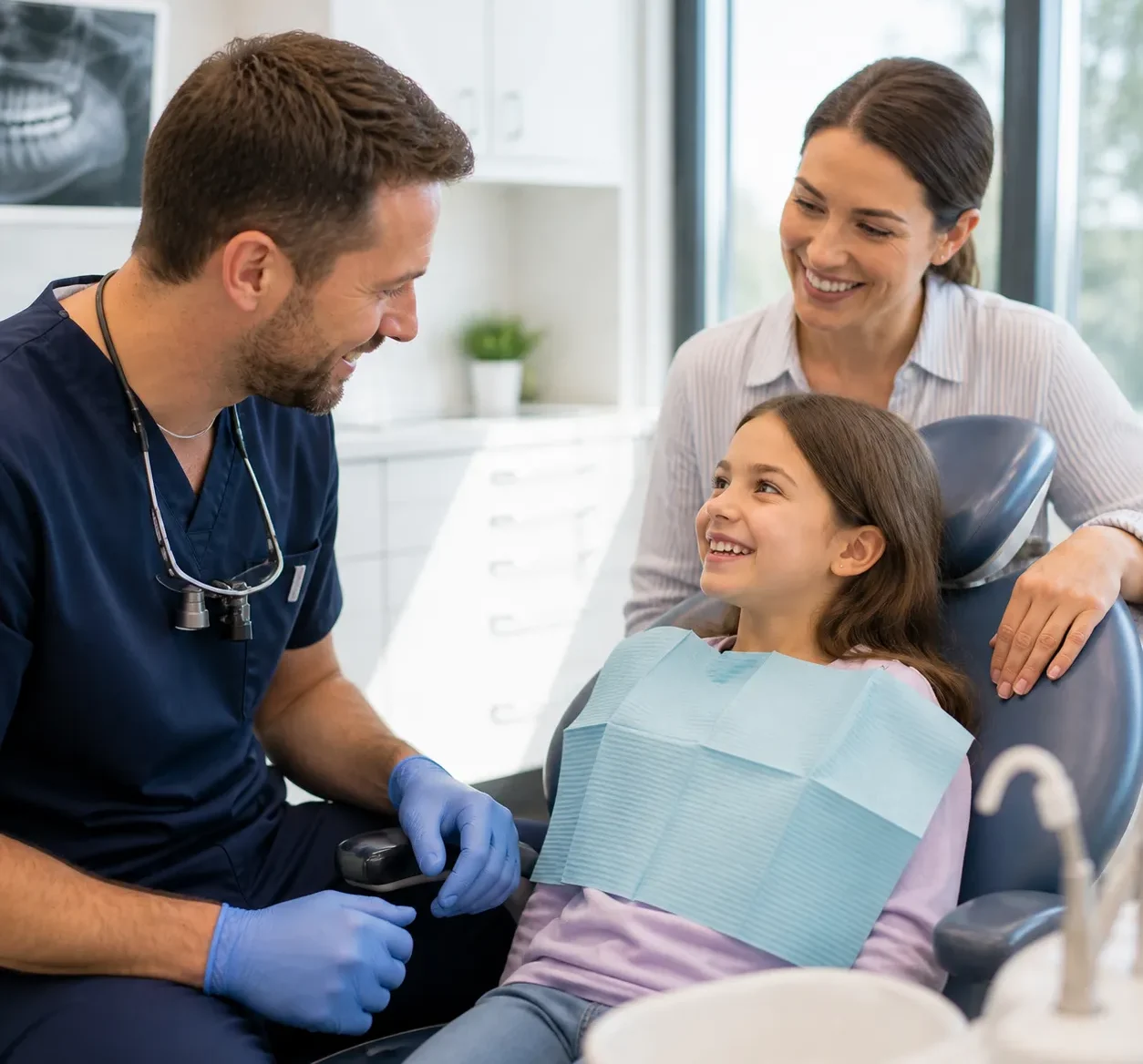 Family visiting a local Edmonton dental clinic with child receiving care