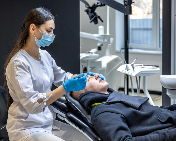 Dentist explaining treatment options to patient in a comfortable Edmonton dental clinic setting